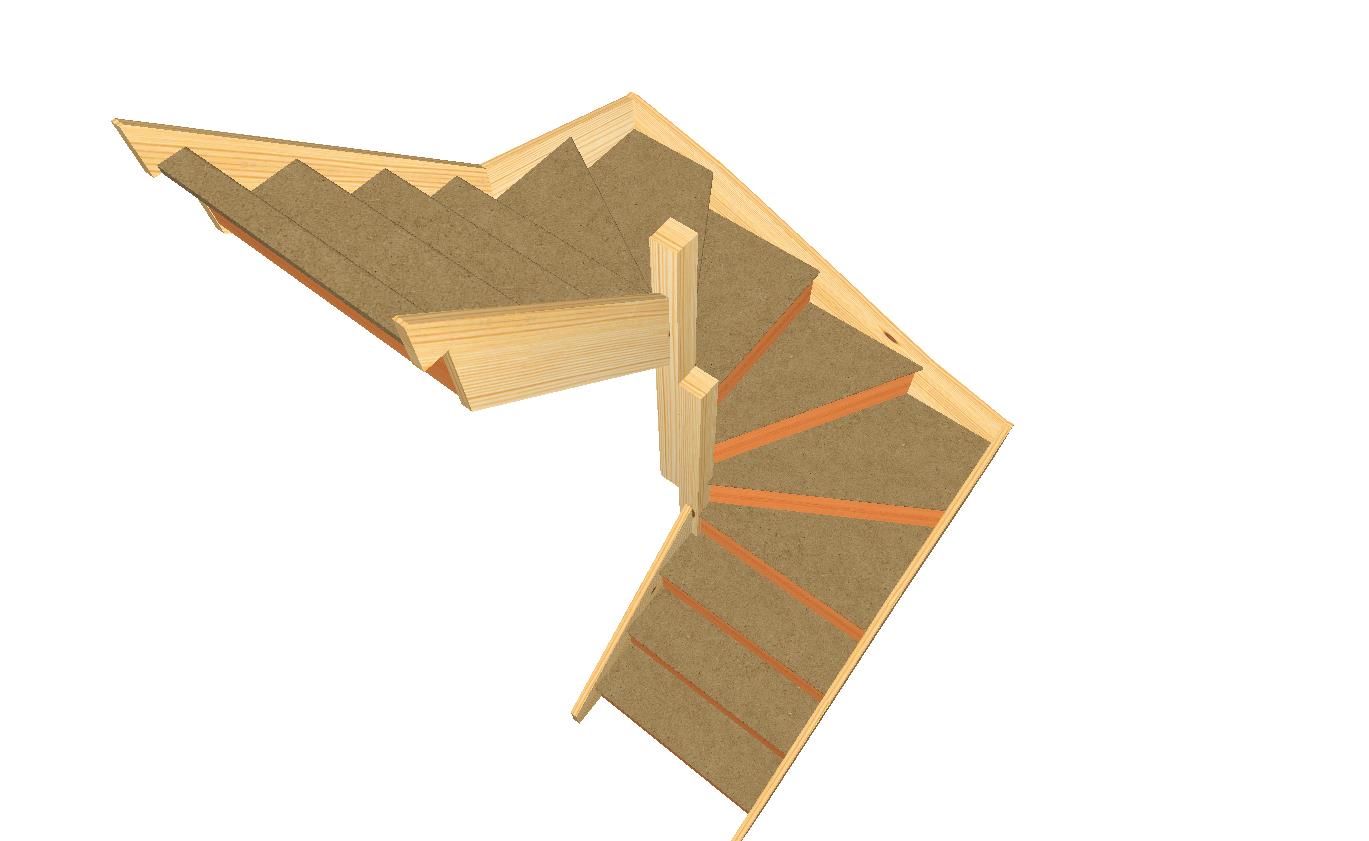 Left-hand 180° turning winder staircase kit in softwood, supplied without handrail or balustrade