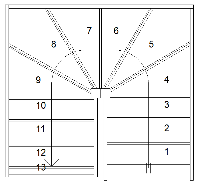 Right-hand double winder staircase showing a 180° turn with winders and straight treads before and after the turn, supplied without handrail