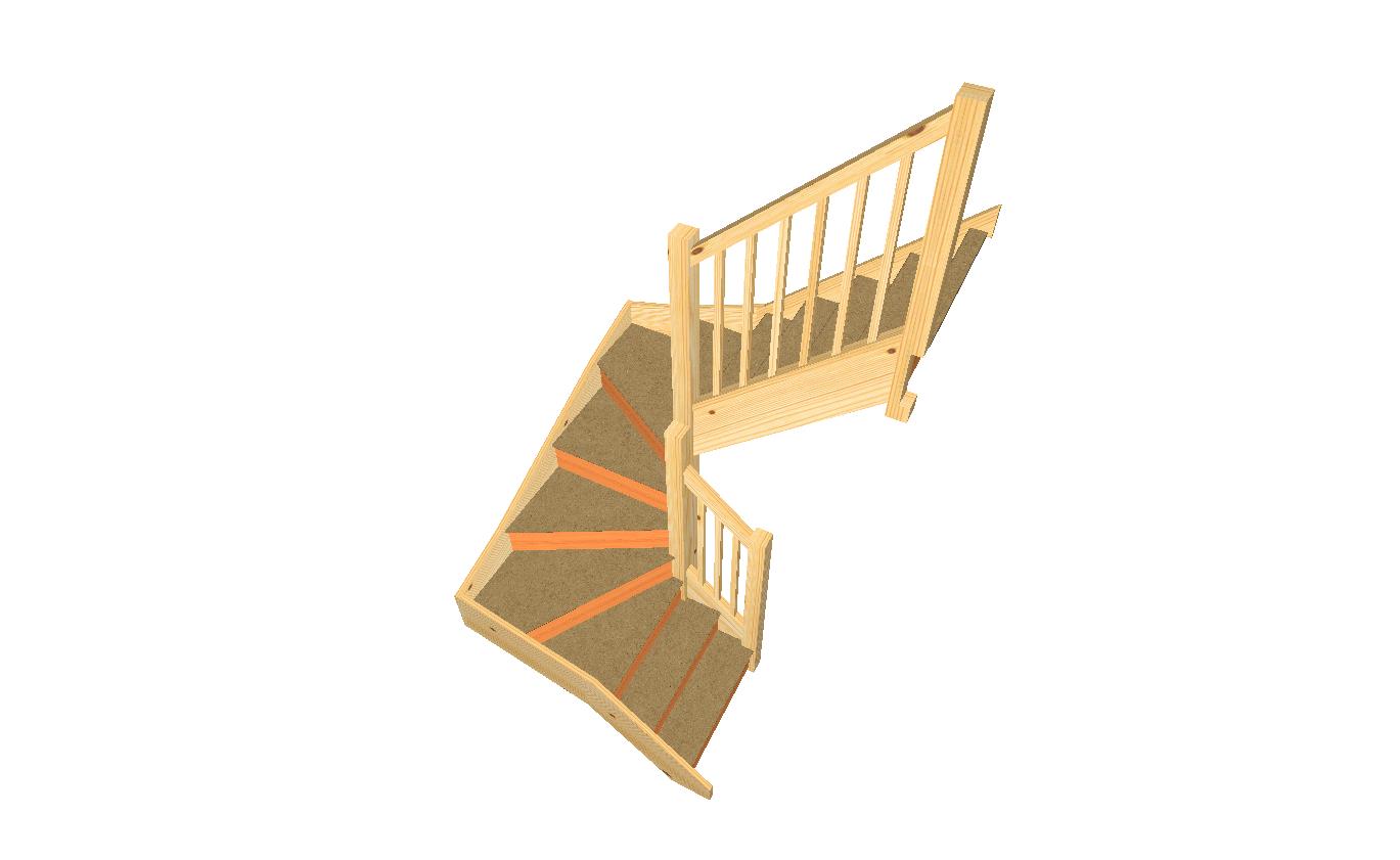 Right hand kite winder staircase with handrail S2W3W34N 3D perspective view