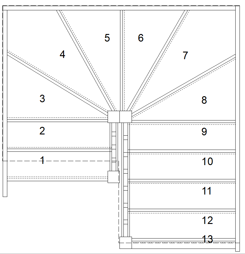 S2W3W34N right hand kite winder staircase plan drawing with balustrade layout