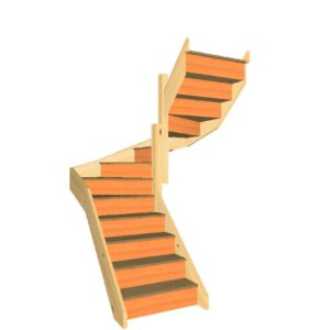 S4W3W32N right hand double winder staircase 180 degree turning 3D view with no handrails