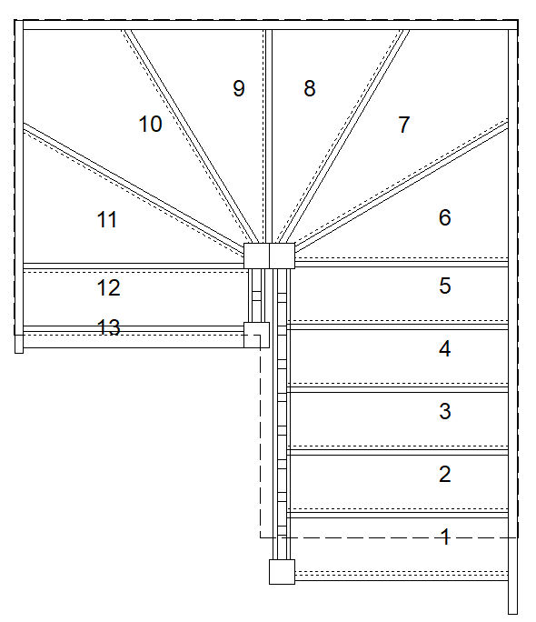 S5W3W31N left hand winding staircase plan drawing for tight stairwell layout