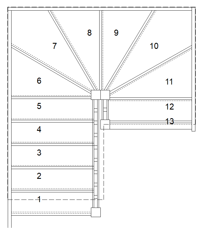 S5W3W31N right hand winding staircase plan drawing for tight stairwell layout