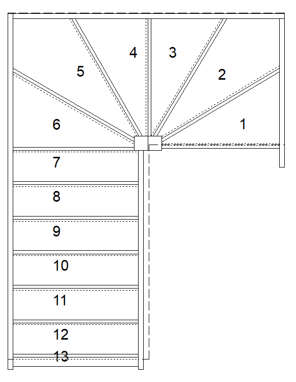 SW3W36N left hand 6 tread winder staircase plan drawing showing compact winding layout